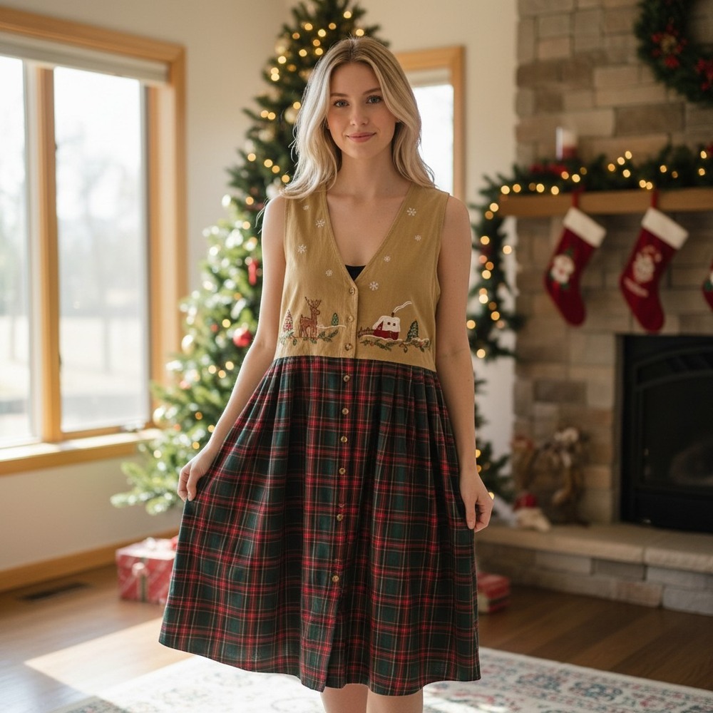 Casey & Max Vintage Christmas Corduroy Plaid Jumper Dress XL Embroidered Holiday